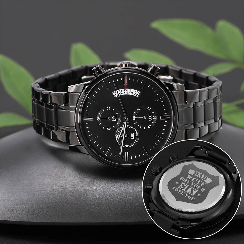 Gravierte Uhr Wir decken dir den Rücken (Holzkohlschwarz) – Herrenuhr