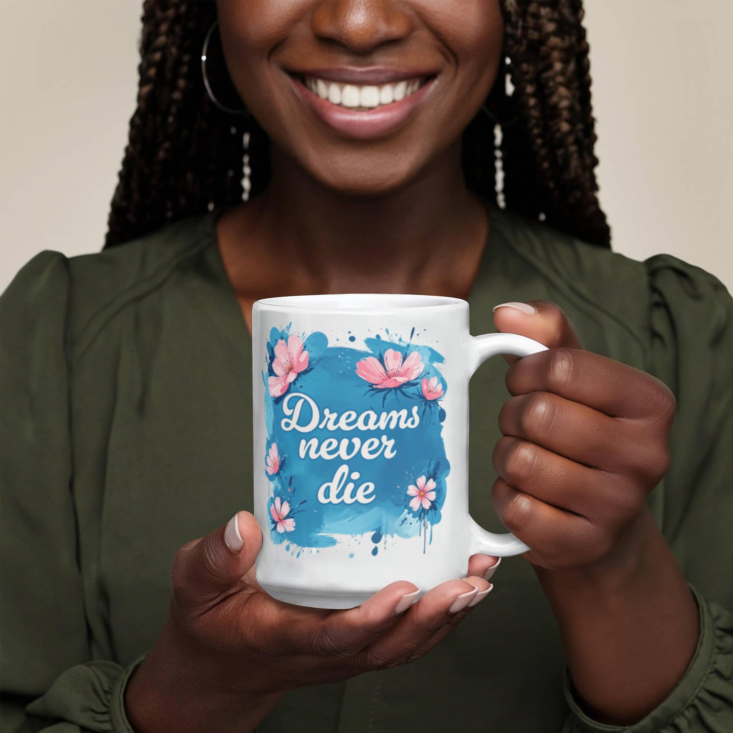 Träume sterben nie – Weiße Keramiktasse (325 ml)